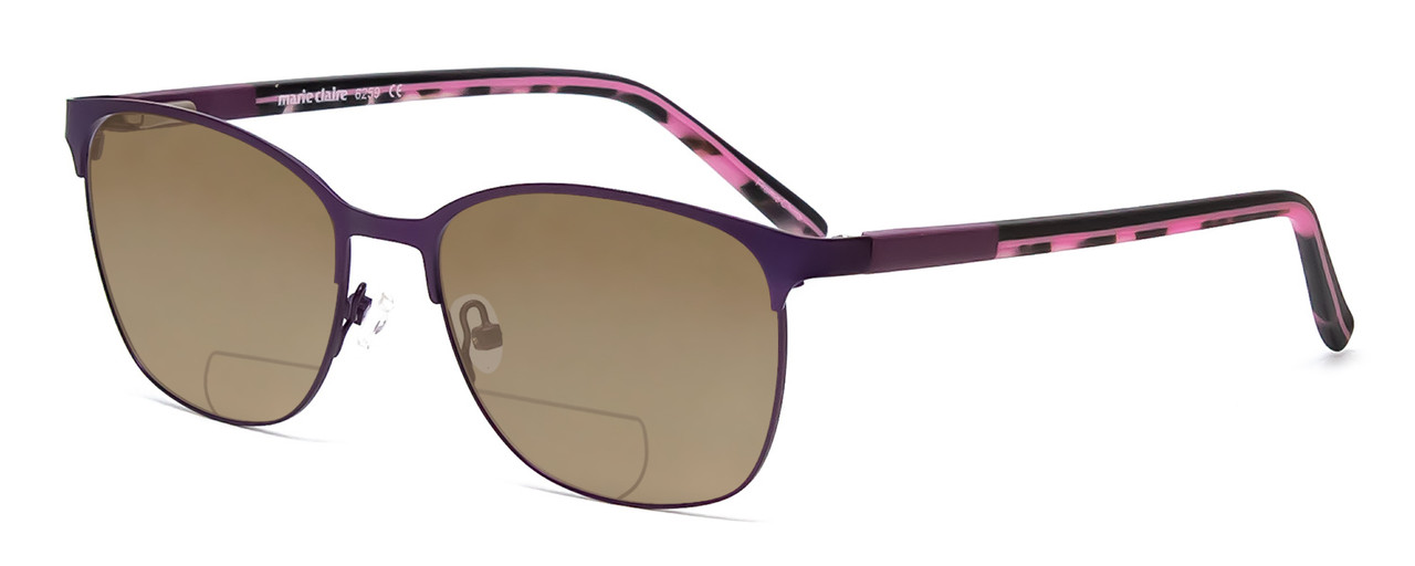 Profile View of Marie Claire MC6259-PUR Designer Polarized Reading Sunglasses with Custom Cut Powered Amber Brown Lenses in Purple Marble Pink Ladies Cateye Full Rim Stainless Steel 49 mm