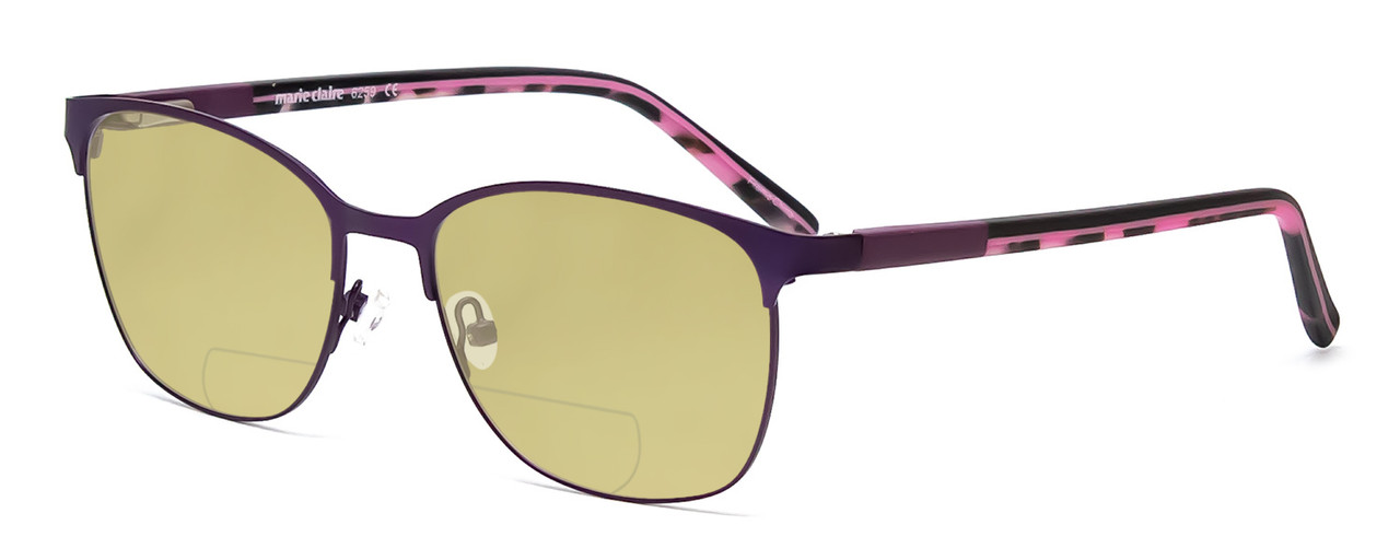 Profile View of Marie Claire MC6259-PUR Designer Polarized Reading Sunglasses with Custom Cut Powered Sun Flower Yellow Lenses in Purple Marble Pink Ladies Cateye Full Rim Stainless Steel 49 mm