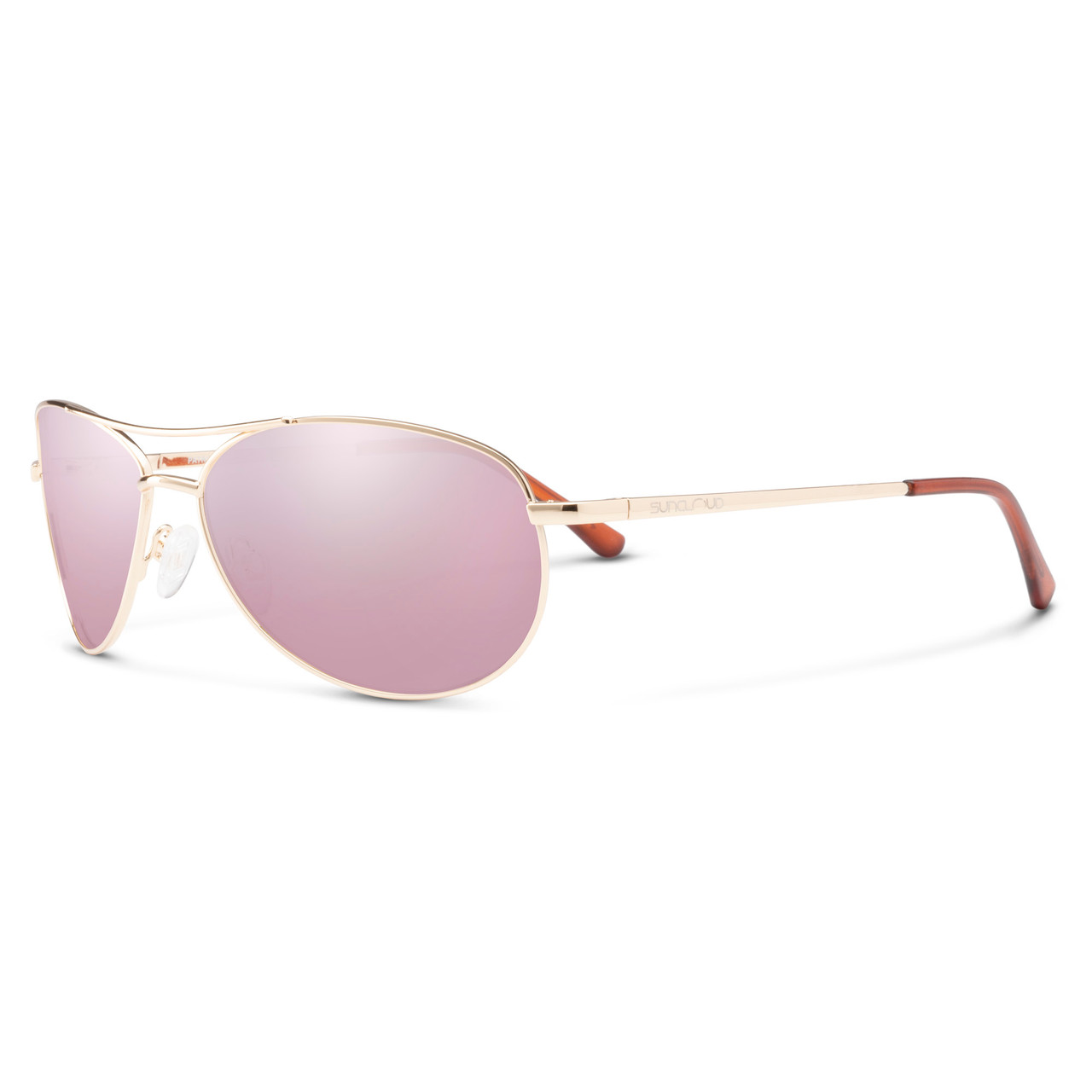 Profile View of Suncloud Patrol Classic Pilot Pilot Metal Polarized Sunglasses in Rose Gold with Polar Pink Gold Mirror