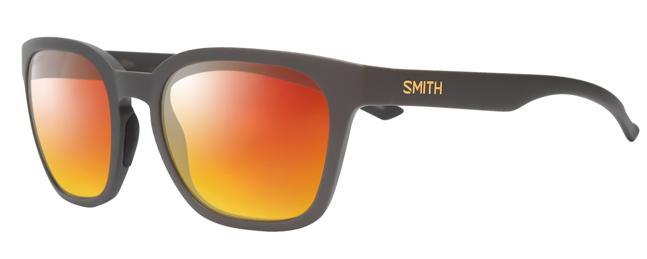 Profile View of Smith Optics FOUNDER SLIM Designer Polarized Sunglasses with Custom Cut Red Mirror Lenses in Matte Gravy Dark Grey Unisex Round Full Rim Acetate 53 mm