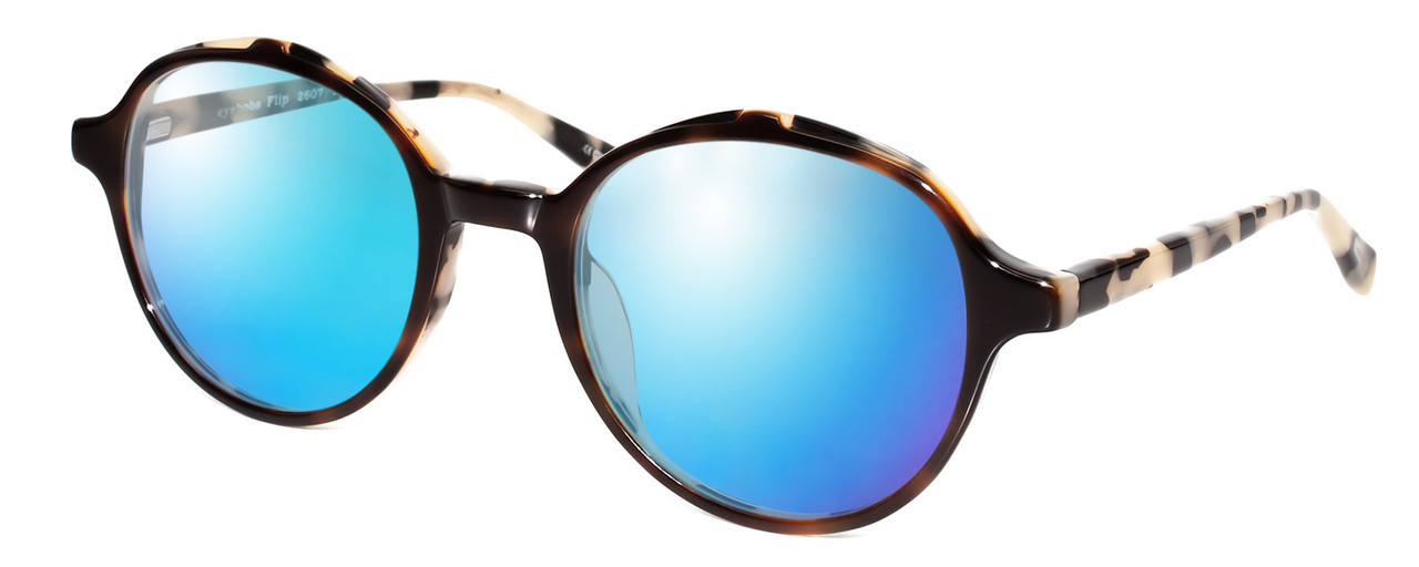 Profile View of Eyebobs Flip 2607 11 Designer Polarized Sunglasses with Custom Cut Blue Mirror Lenses in Caramel Brown Black Tortoise Havana Grey Unisex Round Full Rim Acetate 49 mm