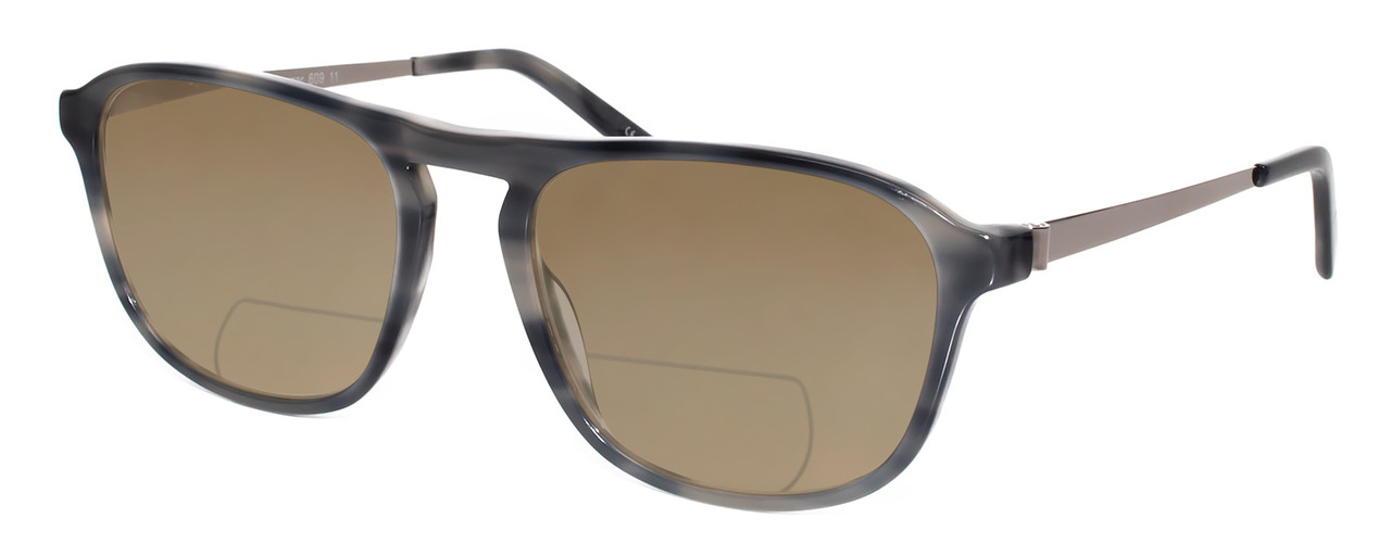 Profile View of Eyebobs Schmoozer 609 11 Designer Polarized Reading Sunglasses with Custom Cut Powered Amber Brown Lenses in Grey Tortoise & Gun Metal Unisex Square Full Rim Acetate 51 mm