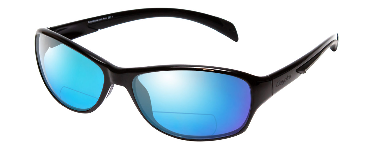 Profile View of Coyote BP-14 Designer Polarized Reading Sunglasses with Custom Cut Powered Blue Mirror Lenses in Gloss Black Unisex Wrap Full Rim Acetate 58 mm