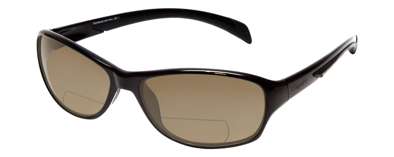 Profile View of Coyote BP-14 Designer Polarized Reading Sunglasses with Custom Cut Powered Amber Brown Lenses in Gloss Black Unisex Wrap Full Rim Acetate 58 mm