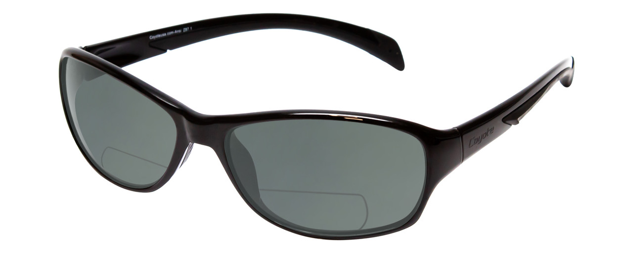 Profile View of Coyote BP-14 Designer Polarized Reading Sunglasses with Custom Cut Powered Smoke Grey Lenses in Gloss Black Unisex Wrap Full Rim Acetate 58 mm