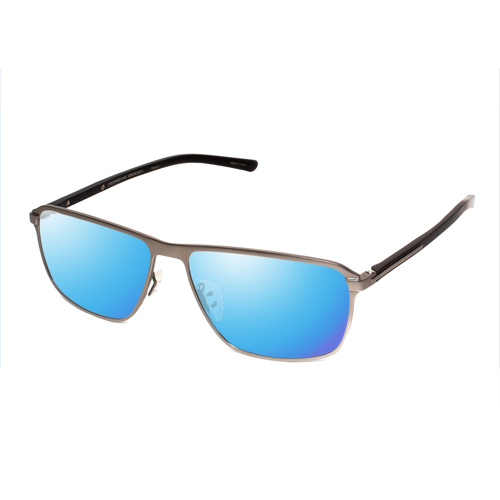 Profile View of Porsche Design P8285-C-56 Designer Polarized Sunglasses with Custom Cut Blue Mirror Lenses in Gun Metal Silver&Matte Grey Unisex Square Full Rim Titanium 56 mm