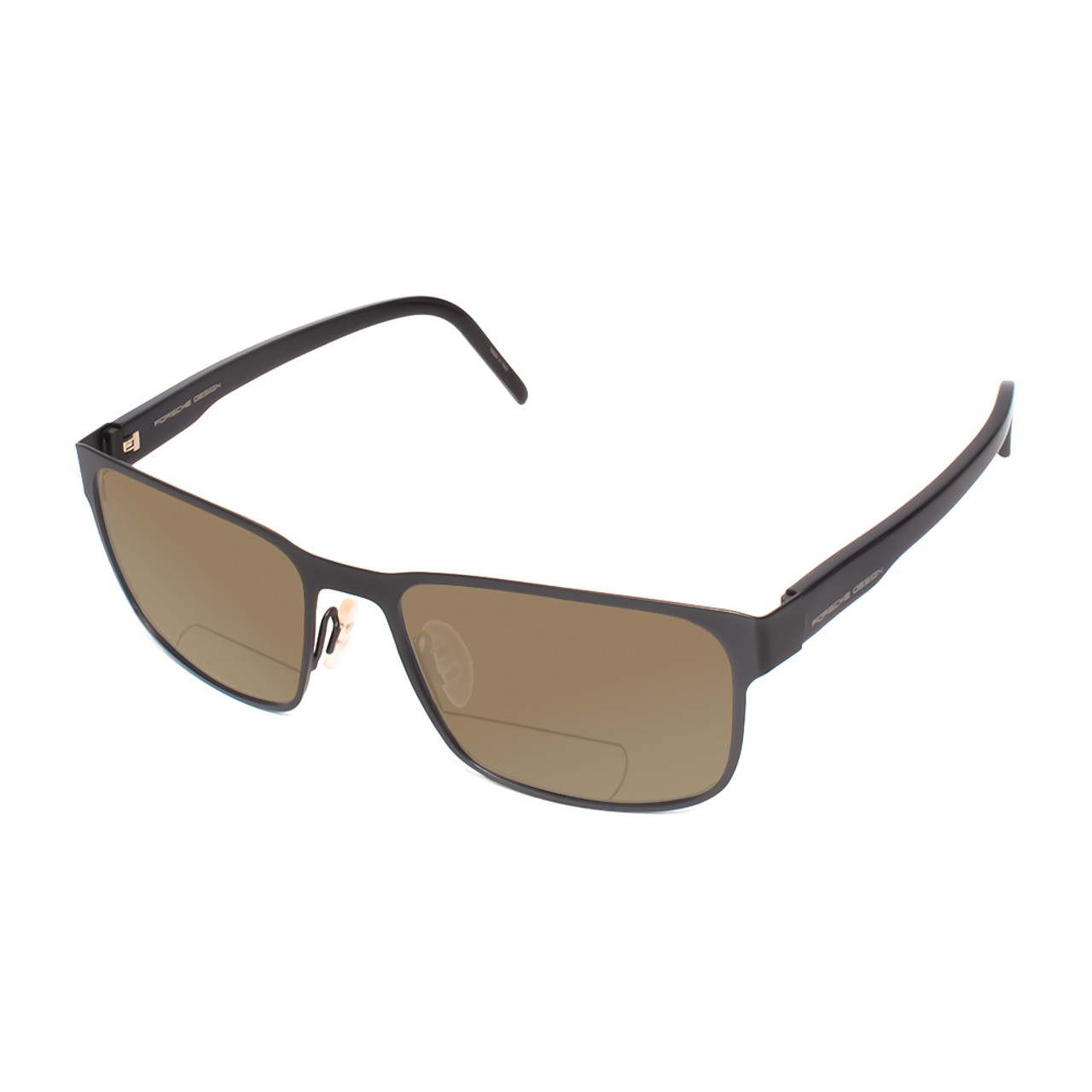 Profile View of Porsche Design P8291-A-55 Designer Polarized Reading Sunglasses with Custom Cut Powered Amber Brown Lenses in Gun Metal Grey&Gloss Black Unisex Square Full Rim Titanium 55 mm