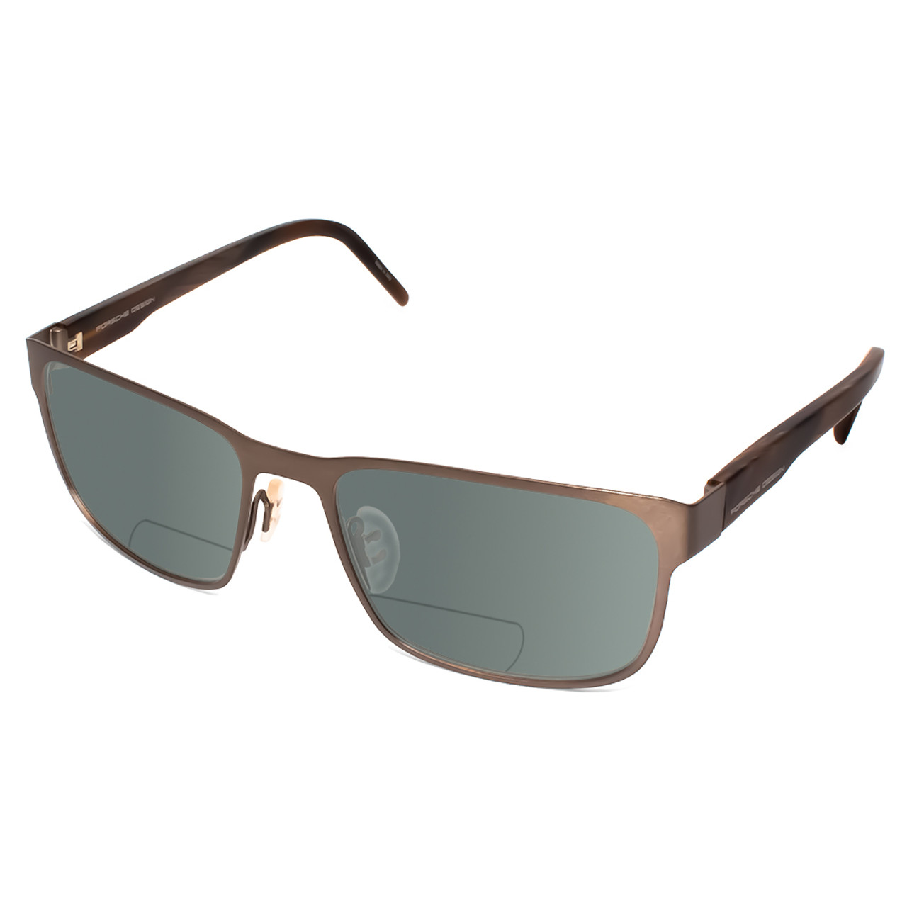 Profile View of Porsche Design P8291-C-55 Designer Polarized Reading Sunglasses with Custom Cut Powered Smoke Grey Lenses in Satin Brown&Matte Marble Horn Unisex Square Full Rim Titanium 55 mm