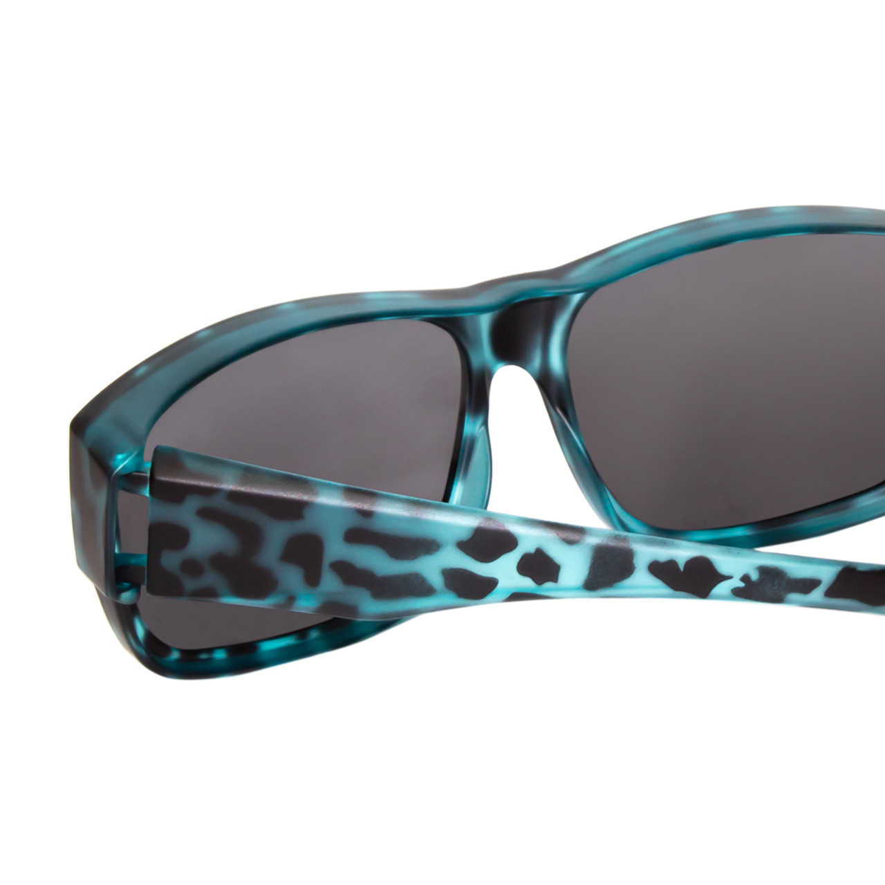 Close Up View of Calabria 9011 Medium Polarized Fitover Sunglasses Matte Cheetah Blue /Smoke Grey