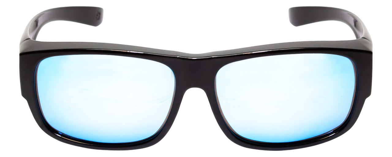 Front View of Calabria 9011-RRV Large Polarized Fitover Sunglasses in Matte Black /Blue Mirror