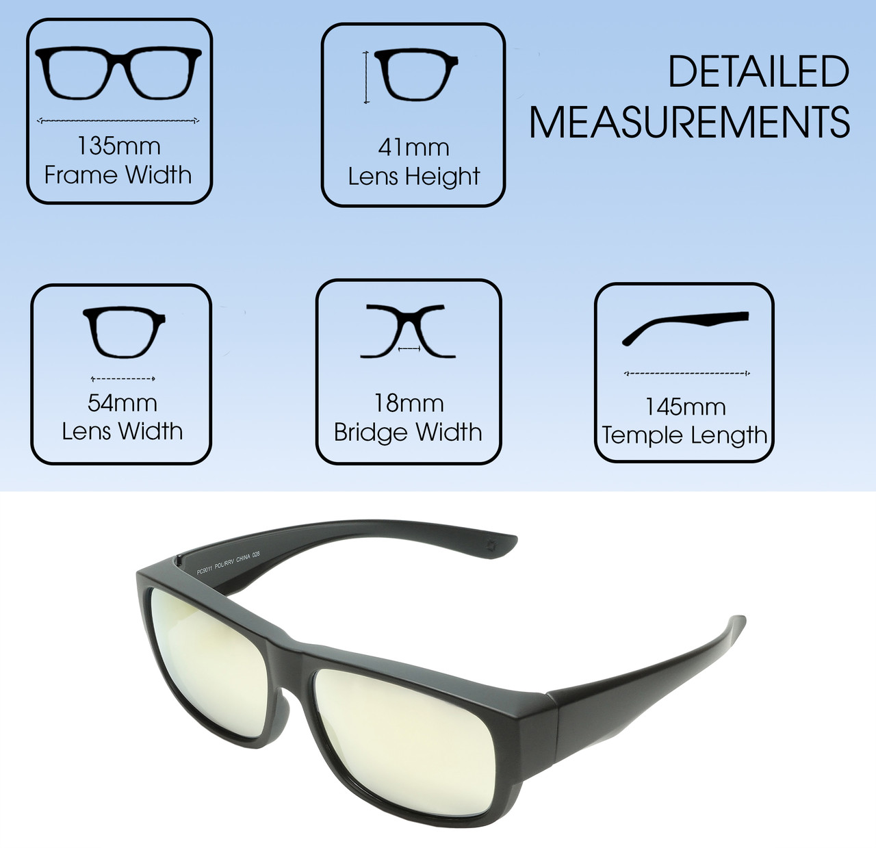Dimensions and Measurements Illustration of Calabria 9011-RRV Large Polarized Fitover Sunglasses Matte Black & Gold Mirror