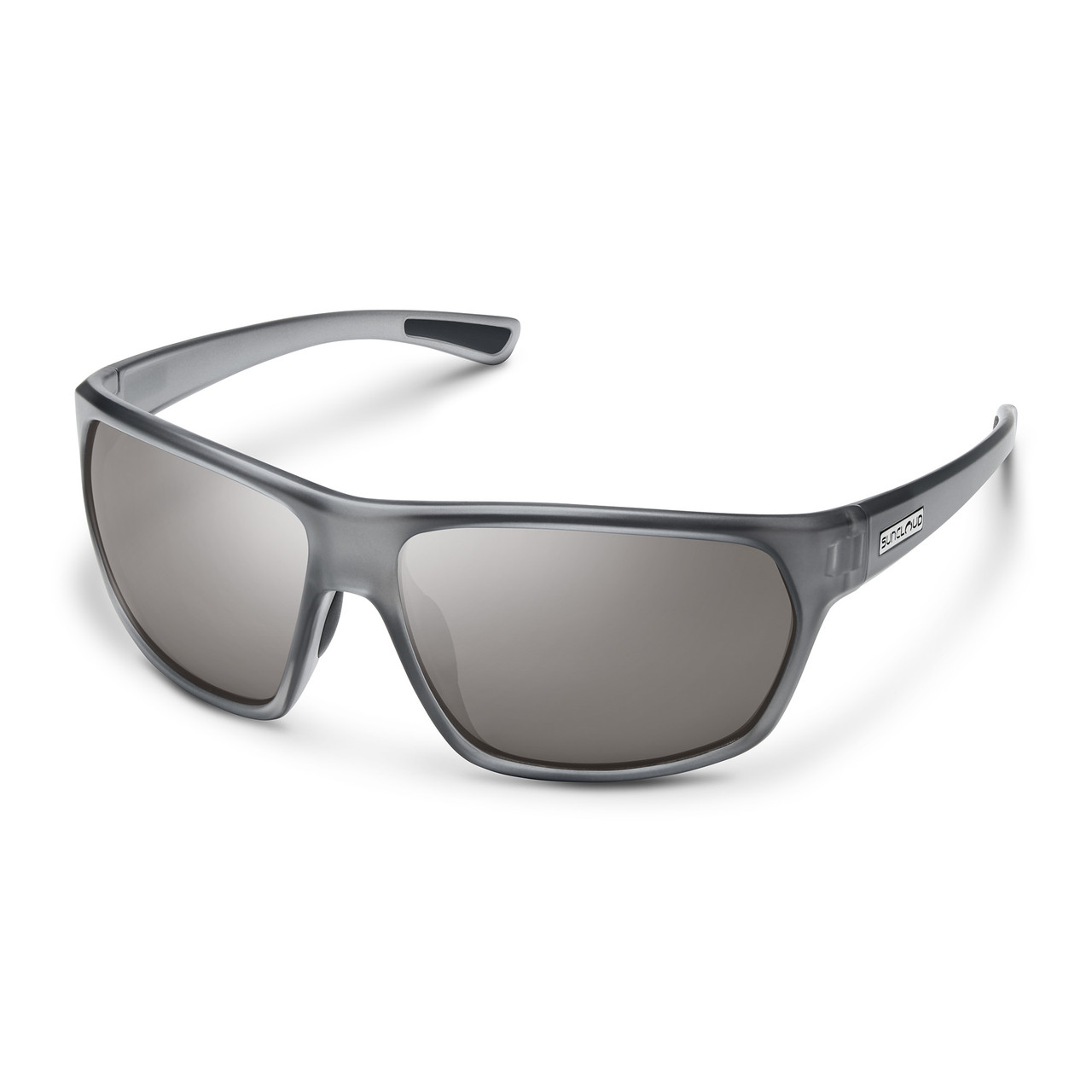 Profile View of Suncloud Boone Polarized Sunglasses Unisex Acetate Wrap Around in Matte Silver Gray & Silver Mirror