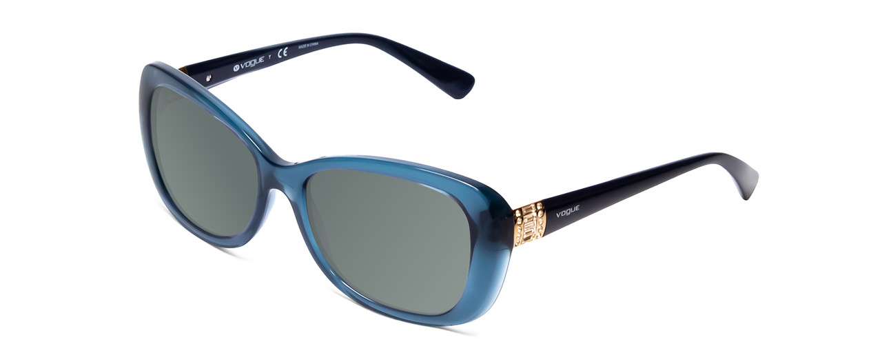 Profile View of Vogue VO2943 Designer Polarized Sunglasses with Custom Cut Smoke Grey Lenses in Opal Crystal Blue Ladies Cateye Full Rim Acetate 55 mm