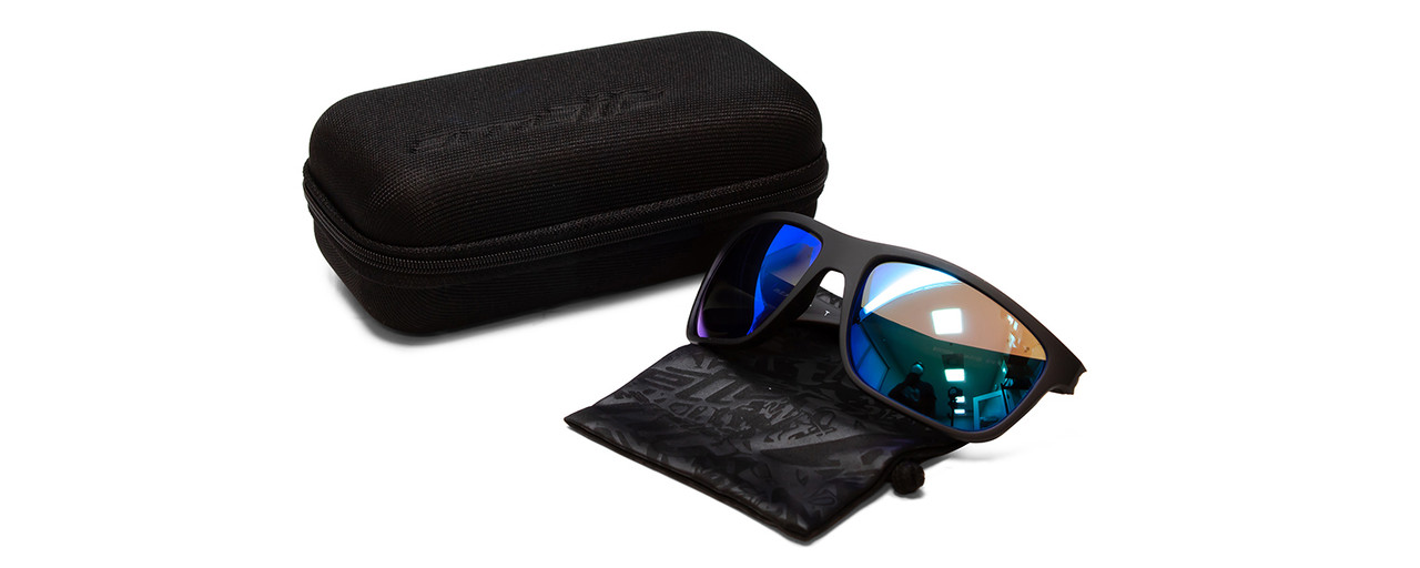 Top View of Arnette Booger Unisex Wrap Polarized Sunglasses in Matte Black/Blue Mirror 61 mm