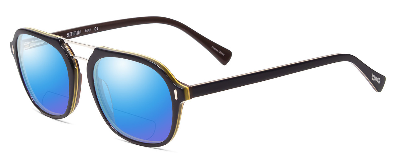 Profile View of Scott&Zelda SZ7442 Designer Polarized Reading Sunglasses with Custom Cut Powered Blue Mirror Lenses in Navy Blue Cobalt Silver Triple Layer Brown Unisex Square Full Rim Acetate 52 mm