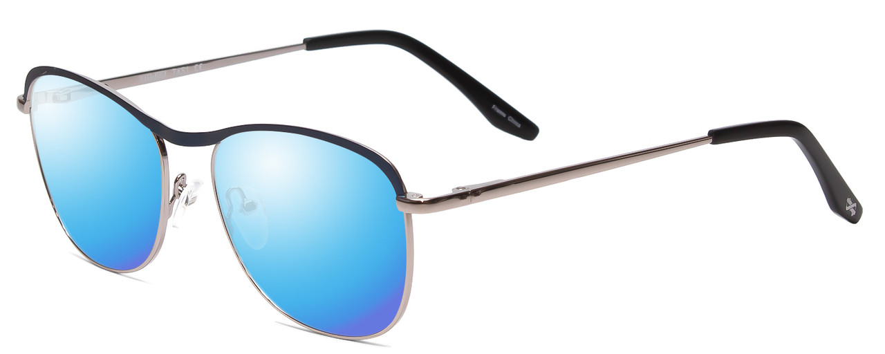 Profile View of Scott&Zelda SZ7451 Designer Polarized Sunglasses with Custom Cut Blue Mirror Lenses in Matte Blue Gun Metal Silver Black Tips Unisex Classic Full Rim Metal 55 mm