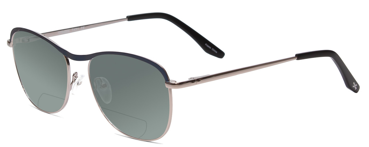 Profile View of Scott&Zelda SZ7451 Designer Polarized Reading Sunglasses with Custom Cut Powered Smoke Grey Lenses in Matte Blue Gun Metal Silver Black Tips Unisex Classic Full Rim Metal 55 mm