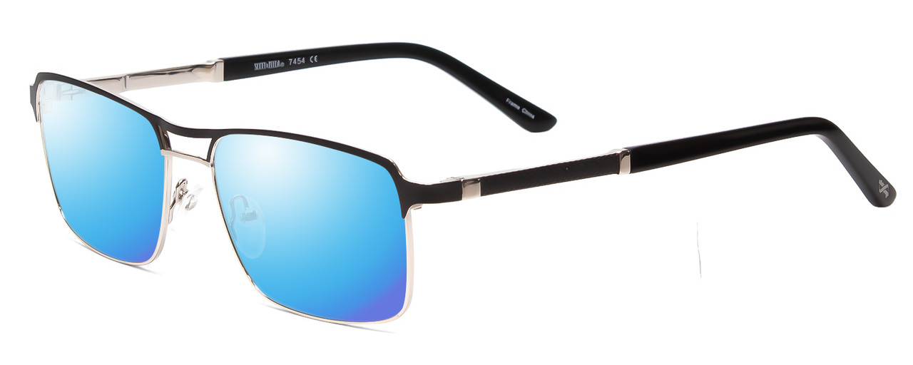 Profile View of Scott&Zelda SZ7454 Designer Polarized Sunglasses with Custom Cut Blue Mirror Lenses in Matte Black Silver Unisex Rectangle Full Rim Metal 55 mm