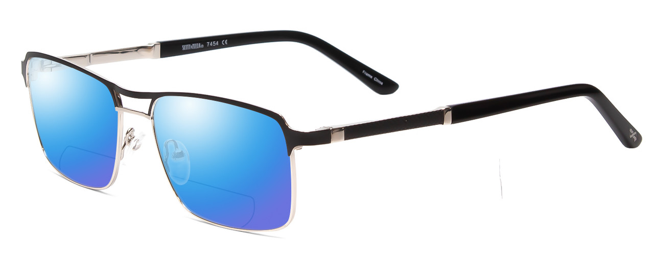 Profile View of Scott&Zelda SZ7454 Designer Polarized Reading Sunglasses with Custom Cut Powered Blue Mirror Lenses in Matte Black Silver Unisex Rectangle Full Rim Metal 55 mm