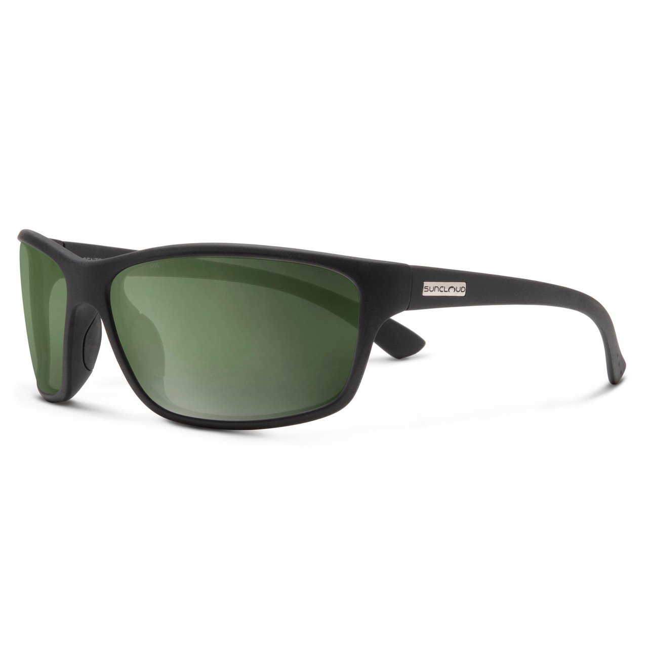 Profile View of Suncloud Sentry Polarized Sunglasses by Smith Optics Classic Wrap in Matte Black with Polar Gray Green