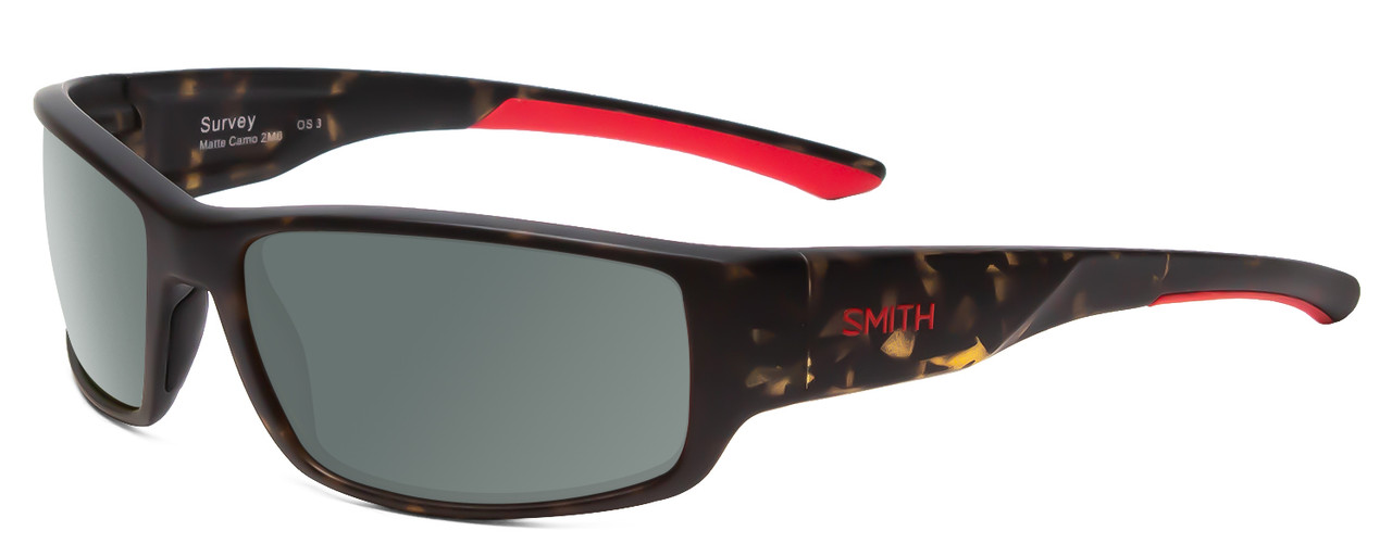 Profile View of Smith Optics Survey Designer Polarized Sunglasses with Custom Cut Smoke Grey Lenses in Matte Camo Brown Unisex Wrap Full Rim Acetate 60 mm