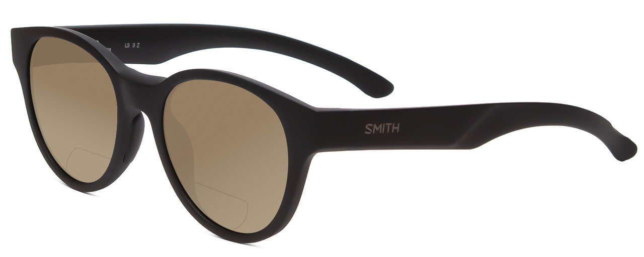 Profile View of Smith Optics Snare Designer Polarized Reading Sunglasses with Custom Cut Powered Amber Brown Lenses in Matte Black Unisex Round Full Rim Acetate 51 mm