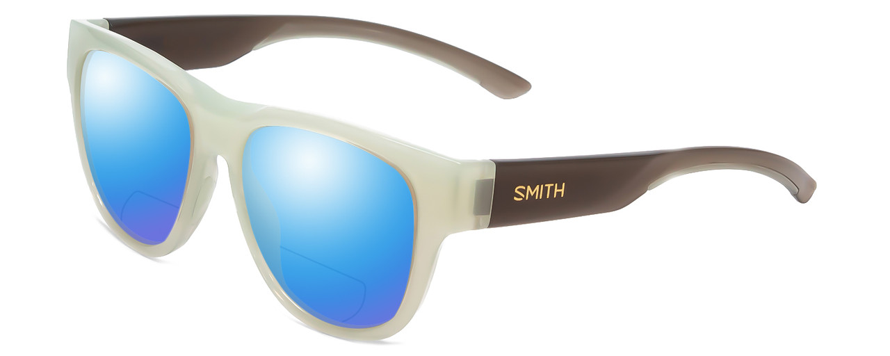 Profile View of Smith Optics Rounder Designer Polarized Reading Sunglasses with Custom Cut Powered Blue Mirror Lenses in Ice Smoke Green Crystal Grey Unisex Classic Full Rim Acetate 51 mm