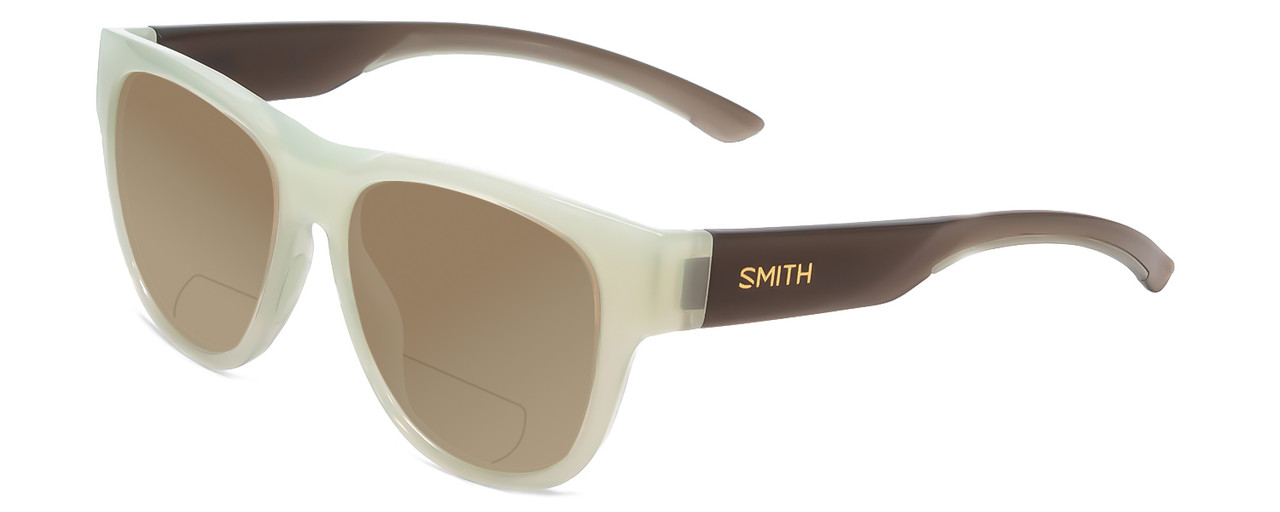 Profile View of Smith Optics Rounder Designer Polarized Reading Sunglasses with Custom Cut Powered Amber Brown Lenses in Ice Smoke Green Crystal Grey Unisex Classic Full Rim Acetate 51 mm