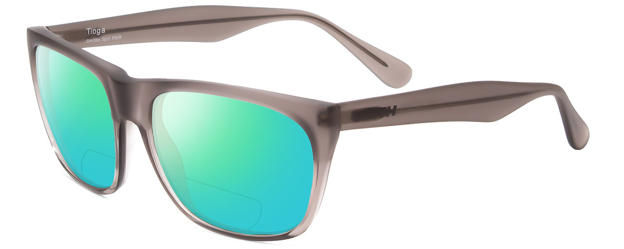 Profile View of Smith Optics Tioga Designer Polarized Reading Sunglasses with Custom Cut Powered Green Mirror Lenses in Smoke Split Grey Crystal Fade Unisex Square Full Rim Acetate 58 mm