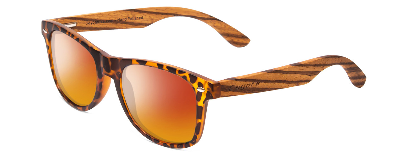 Profile View of Coyote Woodie Designer Polarized Sunglasses with Custom Cut Red Mirror Lenses in Black Orange Tortoise Brown Wood Unisex Classic Full Rim Wood 52 mm