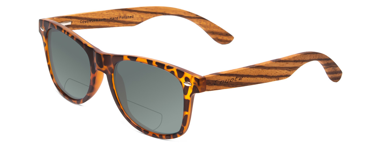 Profile View of Coyote Woodie Designer Polarized Reading Sunglasses with Custom Cut Powered Smoke Grey Lenses in Black Orange Tortoise Brown Wood Unisex Classic Full Rim Wood 52 mm