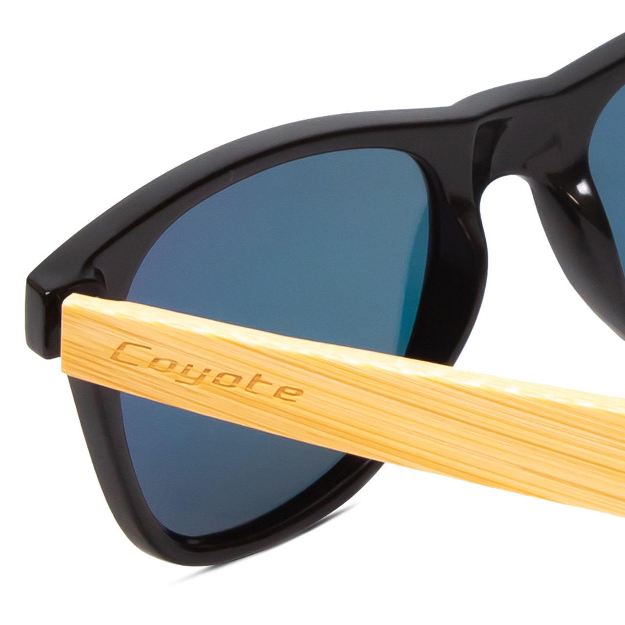 Close Up View of Coyote Woodie Classic Polarized Sunglasses Black Brown Bamboo & Red Mirror 52 mm