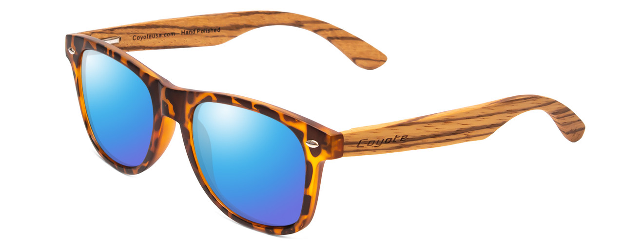 Profile View of Coyote Woodie Designer Polarized Sunglasses with Custom Cut Blue Mirror Lenses in Black Orange Tortoise Walnut Brown Wood Unisex Classic Full Rim Wood 52 mm