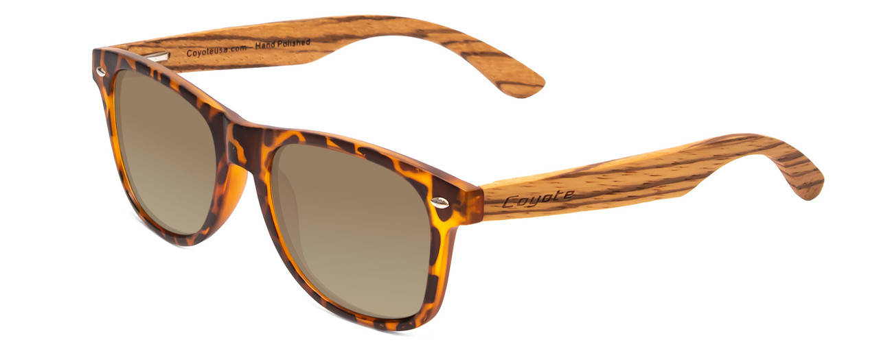 Profile View of Coyote Woodie Designer Polarized Sunglasses with Custom Cut Amber Brown Lenses in Black Orange Tortoise Walnut Brown Wood Unisex Classic Full Rim Wood 52 mm