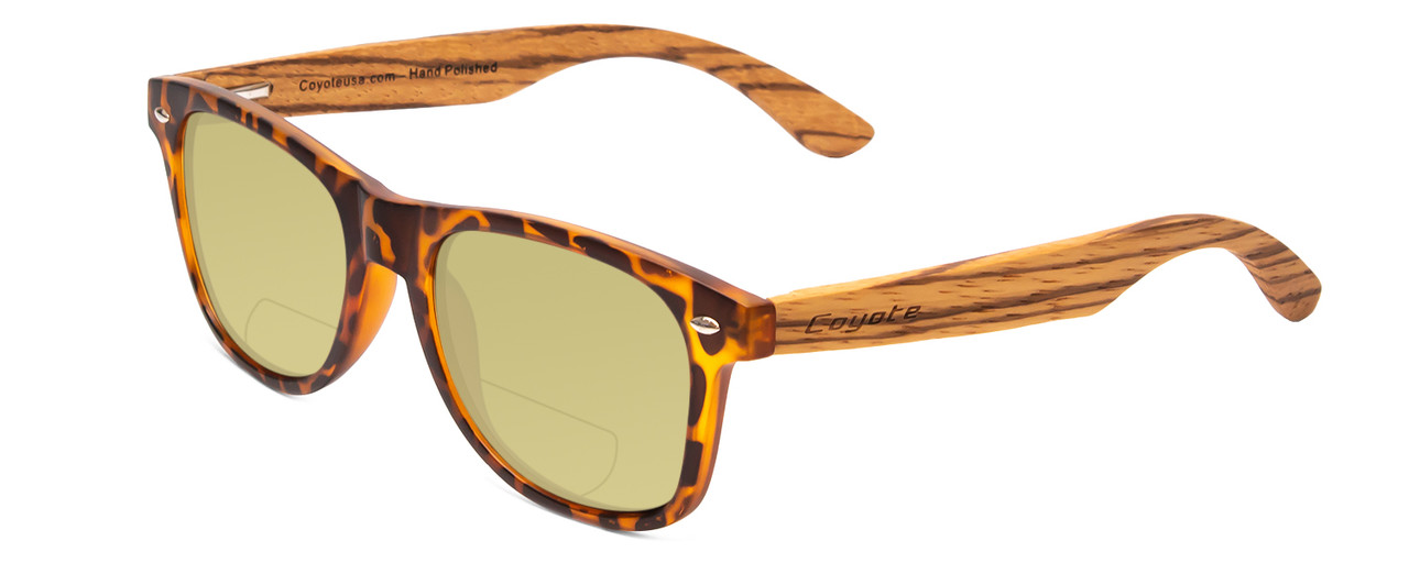 Profile View of Coyote Woodie Designer Polarized Reading Sunglasses with Custom Cut Powered Sun Flower Yellow Lenses in Black Orange Tortoise Walnut Brown Wood Unisex Classic Full Rim Wood 52 mm