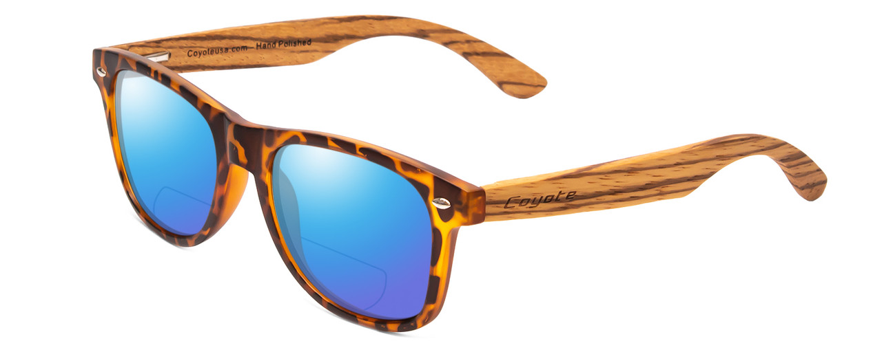 Profile View of Coyote Woodie Designer Polarized Reading Sunglasses with Custom Cut Powered Blue Mirror Lenses in Black Orange Tortoise Walnut Brown Wood Unisex Classic Full Rim Wood 52 mm