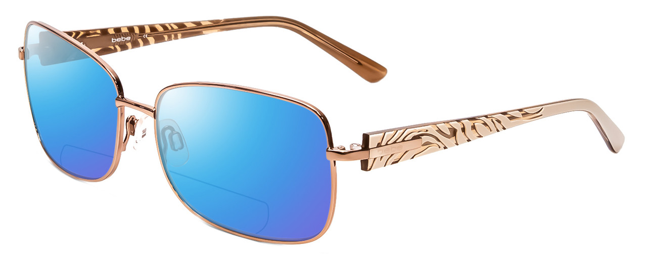 Profile View of Bebe BB7088-780 Designer Polarized Reading Sunglasses with Custom Cut Powered Blue Mirror Lenses in Rose Gold White Zebra Animal Print Unisex Square Full Rim Metal 58 mm