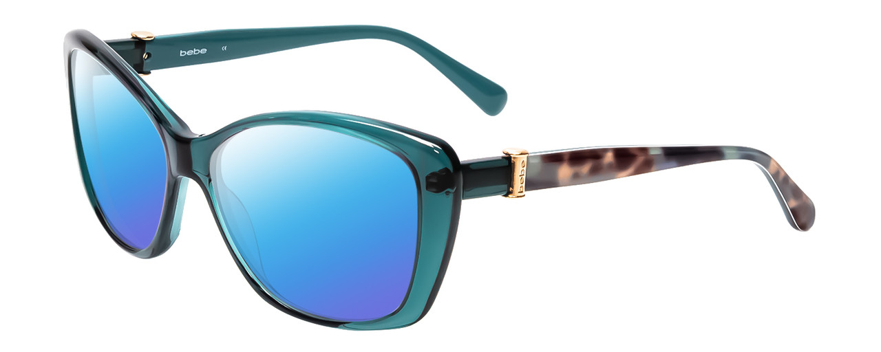 Profile View of Bebe BB7141-471 Designer Polarized Sunglasses with Custom Cut Blue Mirror Lenses in Crystal Teal Blue Green Tortoise Brown Gold Ladies Cateye Full Rim Acetate 57 mm