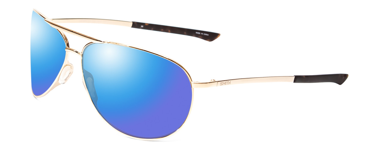 Profile View of Smith Optics Serpico Designer Polarized Sunglasses with Custom Cut Blue Mirror Lenses in Gold Tortoise Unisex Pilot Full Rim Metal 65 mm