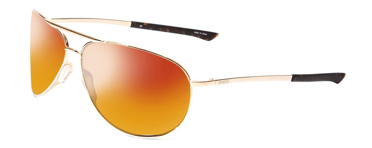 Profile View of Smith Optics Serpico Designer Polarized Sunglasses with Custom Cut Red Mirror Lenses in Gold Tortoise Unisex Pilot Full Rim Metal 65 mm