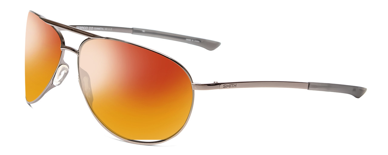 Profile View of Smith Optics Serpico 2 Designer Polarized Sunglasses with Custom Cut Red Mirror Lenses in Gun Metal Silver Black Unisex Pilot Full Rim Metal 65 mm