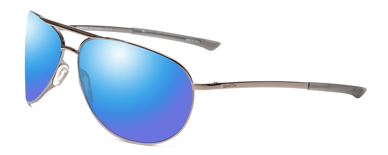 Profile View of Smith Optics Serpico 2 Designer Polarized Sunglasses with Custom Cut Blue Mirror Lenses in Gun Metal Silver Black Unisex Pilot Full Rim Metal 65 mm