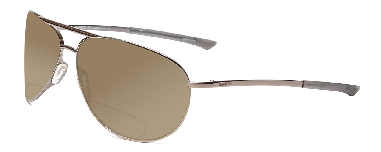 Profile View of Smith Optics Serpico 2 Designer Polarized Reading Sunglasses with Custom Cut Powered Amber Brown Lenses in Gun Metal Silver Black Unisex Pilot Full Rim Metal 65 mm