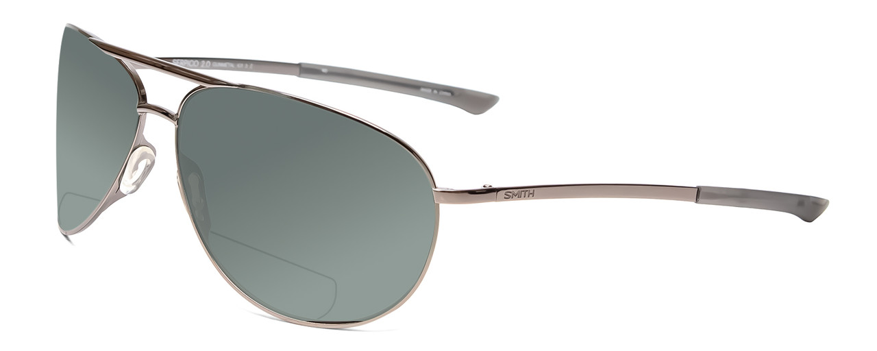Profile View of Smith Optics Serpico 2 Designer Polarized Reading Sunglasses with Custom Cut Powered Smoke Grey Lenses in Gun Metal Silver Black Unisex Pilot Full Rim Metal 65 mm