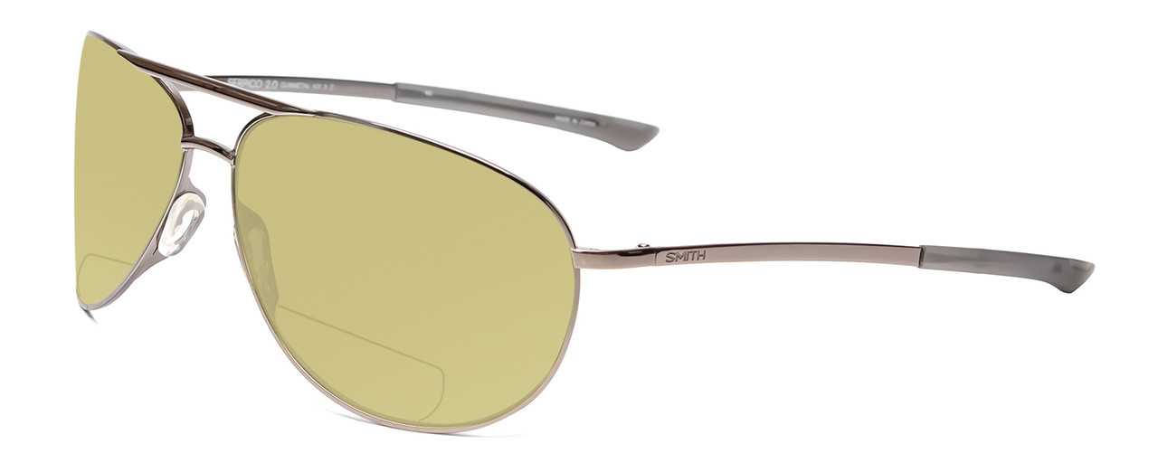 Profile View of Smith Optics Serpico 2 Designer Polarized Reading Sunglasses with Custom Cut Powered Sun Flower Yellow Lenses in Gun Metal Silver Black Unisex Pilot Full Rim Metal 65 mm
