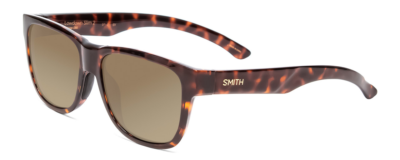 Profile View of Smith Optics Lowdown Slim 2 Designer Polarized Sunglasses with Custom Cut Amber Brown Lenses in Tortoise Havana Brown Gold Unisex Classic Full Rim Acetate 53 mm