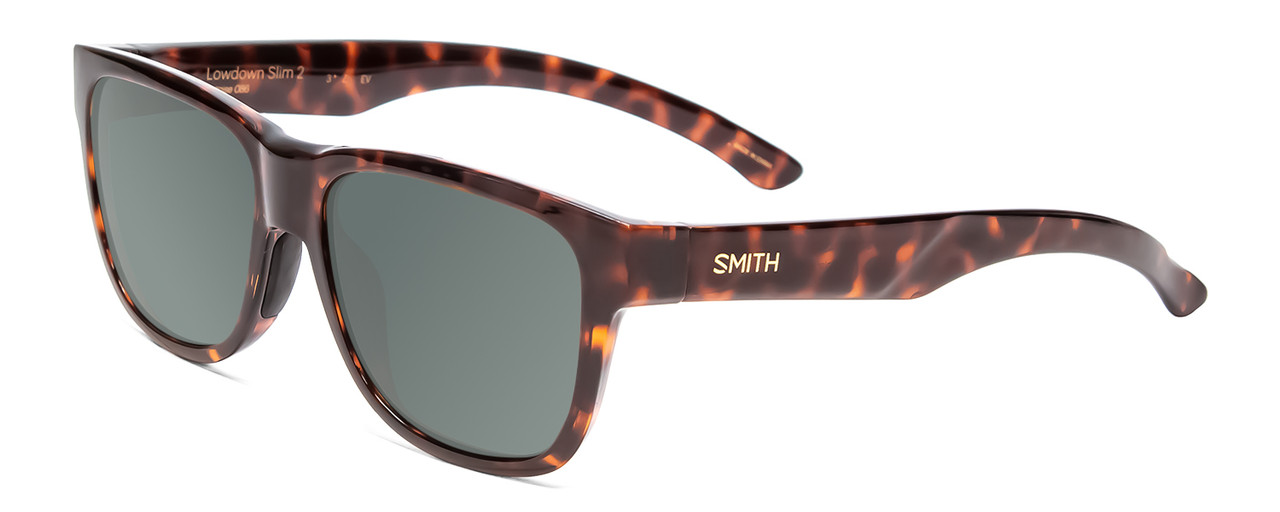 Profile View of Smith Optics Lowdown Slim 2 Designer Polarized Sunglasses with Custom Cut Smoke Grey Lenses in Tortoise Havana Brown Gold Unisex Classic Full Rim Acetate 53 mm