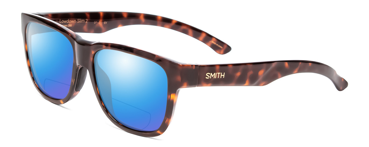 Profile View of Smith Optics Lowdown Slim 2 Designer Polarized Reading Sunglasses with Custom Cut Powered Blue Mirror Lenses in Tortoise Havana Brown Gold Unisex Classic Full Rim Acetate 53 mm