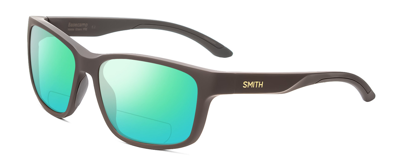 Profile View of Smith Optics Basecamp Designer Polarized Reading Sunglasses with Custom Cut Powered Green Mirror Lenses in Matte Gravy Grey Unisex Square Full Rim Acetate 58 mm