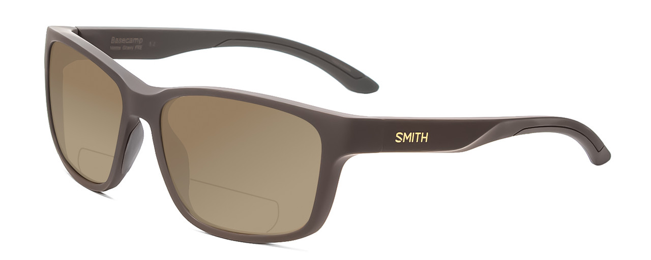 Profile View of Smith Optics Basecamp Designer Polarized Reading Sunglasses with Custom Cut Powered Amber Brown Lenses in Matte Gravy Grey Unisex Square Full Rim Acetate 58 mm